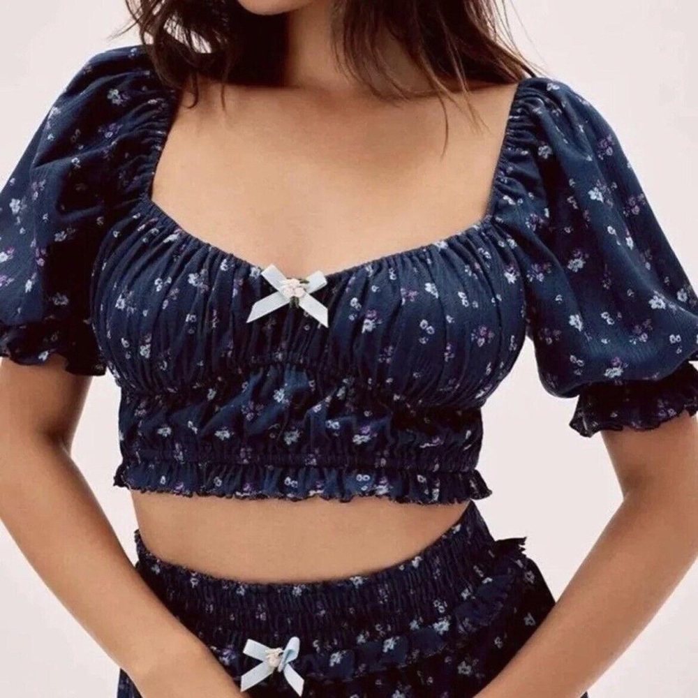 For Love & Lemons Lola Pointelle Floral Crop Top